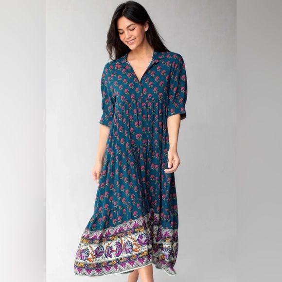 NATURAL LIFE Rebecca Midi Dress Navy Pink Roses Border Size Large - Picture 2 of 10